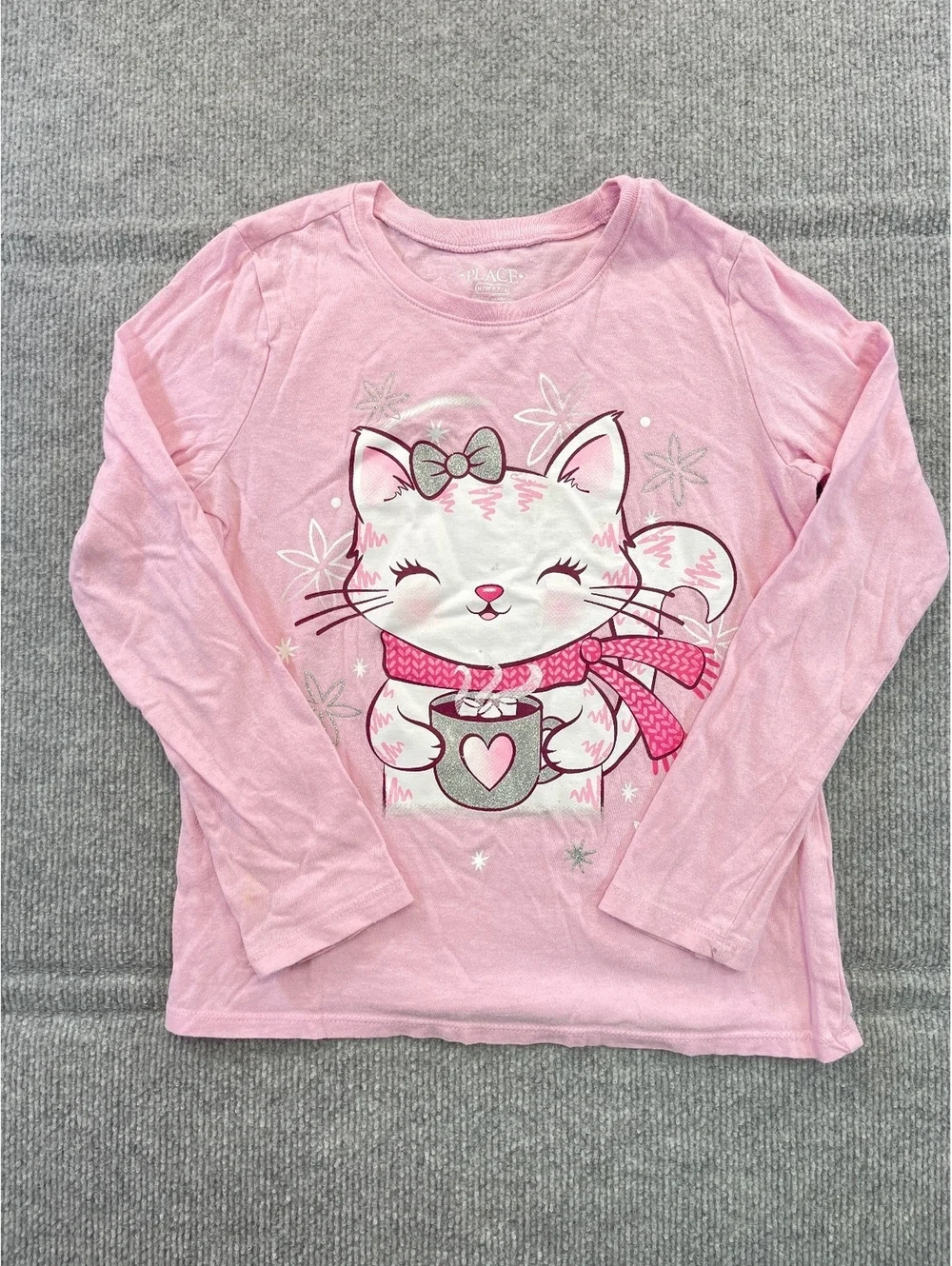 The Children's Place Girls Size M 7/8 Long Sleeve Shirt Pink Kitty Cat Hot Cocoa